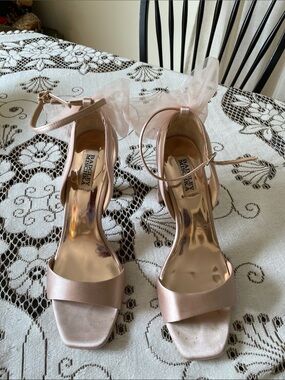 Badgley Mischka Blush Satin Ankle-Strap Block High Heels with Tulle Bows